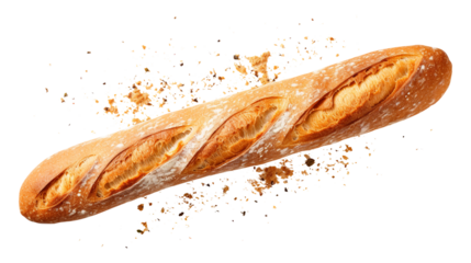 Baguette bread with falling crumbs isolated on transparent background Remove png, Clipping Path, pen tool