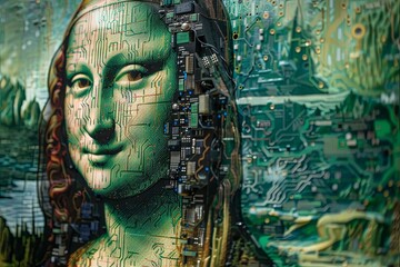 Mona Lisa made entirely from recycled computer parts, with circuit boards and wires arranged to depict her serene visage, blending classic artistry with modern technology in an unexpected fusion - obrazy, fototapety, plakaty