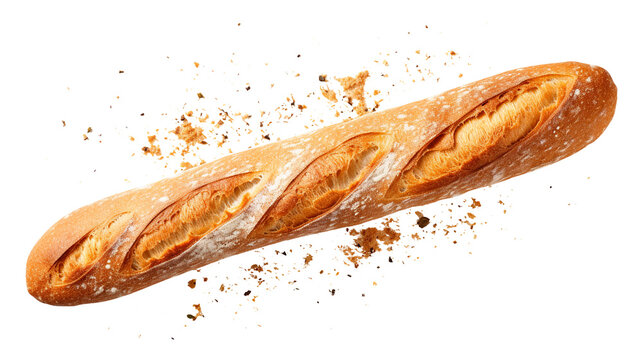 Baguette bread with falling crumbs isolated on transparent background Remove png, Clipping Path, pen tool