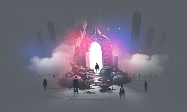 Digital illustration painting design style many soul in front of the Nirvana gate. 