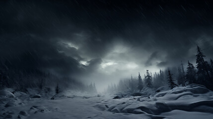 winter snow in the forest weather Dark street, asphalt abstract dark blue background, empty dark mountain range scene, with smoke mist cold white - obrazy, fototapety, plakaty
