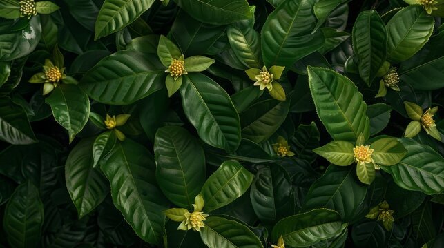 This close-up view showcases the vibrant green leaves and delicate Java tea flower Orthosiphon aristatus in intricate detail. The leaves and flowers are the main focus of the image, capturing their