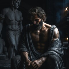 Mysterious ancient greek, roman male stoic statue, sculpture in dramatic lighting, shadows highlighting the impressive muscular build and classical beauty. 