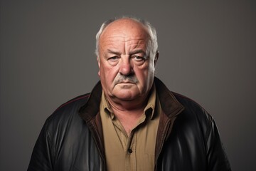 Portrait of an old man in a leather jacket on a dark background