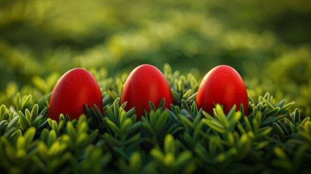 Three vibrant red Easter eggs are perched atop a backdrop of lush green field, creating a striking contrast in colors. The eggs stand out against the verdant field, signaling the arrival of Easter