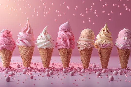 abstract image of ice cream cone with pastry sprinkle in row on pink background, sweet dessert