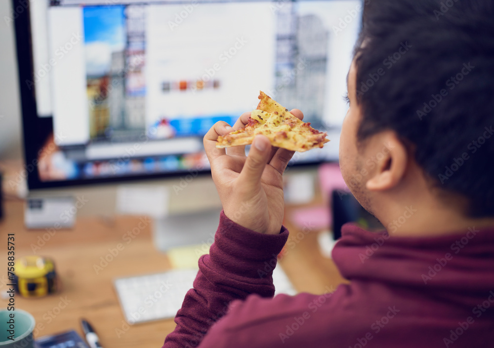 Aufkleber Businessman, eating and lunch with computer screen in office with rear view and pizza break for working on deadline. Programmer, employee and back with fast food, coding display or hungry at desk