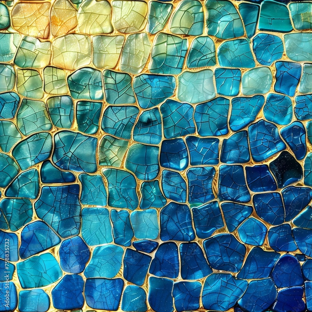 Poster A macro view of a mesmerizing mosaic tile featuring intricate patterns of blue and yellow tiles blending together in a harmonious wave-like motion