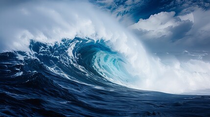 Awe inspiring side view of a colossal ocean wave crashing under a clear blue sky on a sunny day