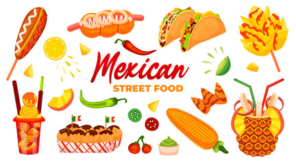 Mexican street food illustrations. Set of colorful appetizing dishes