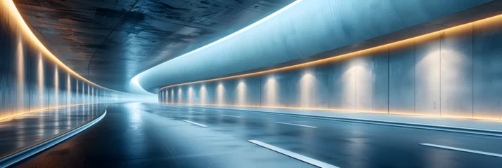 Fotobehang Rendering of 3D architectural tunnel on highway, Abstract car in the tunnel trajectory © David