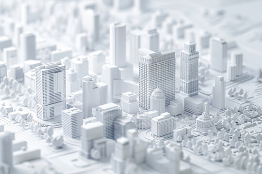 Top view of abstract modern city block looking as white architectural scale model with high rise buildings skyscrapers.
