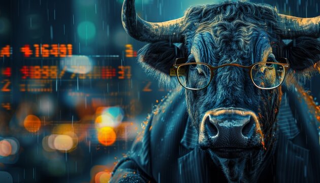 abstract image of an investor bull, trader against the background of quotations, stock exchange concept