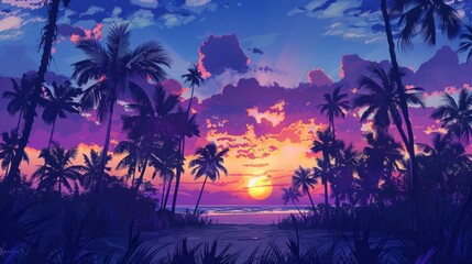 Fototapeta na wymiar Tropical landscape with palm trees at sunset. Digital oil painting, printable square artwork