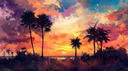 Fototapeta na wymiar Tropical landscape with palm trees at sunset. Digital oil painting, printable square artwork