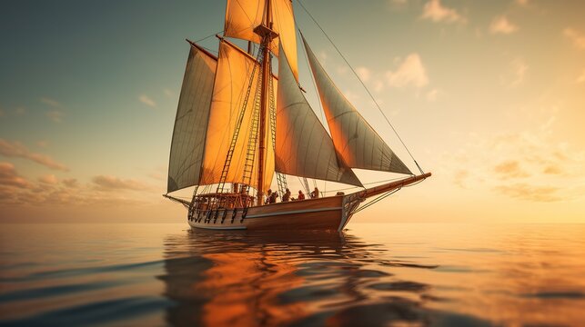 Sailing boat in the sea at sunset. 3d render illustration