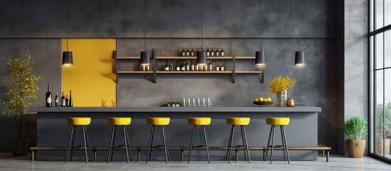 Fototapeta na wymiar Modern bar interior design with gray walls, concrete floor, big windows, dark wooden and gray bar with yellow stools. Poster displayed on the wall.