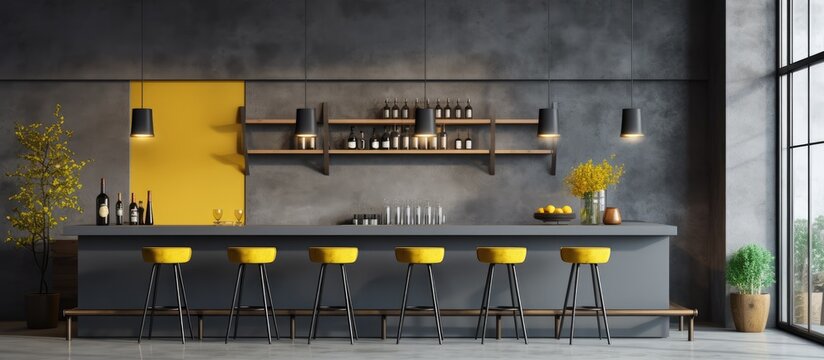 Modern bar interior design with gray walls, concrete floor, big windows, dark wooden and gray bar with yellow stools. Poster displayed on the wall.