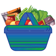 Food basket vector illustration. Grocery in a shopping basket.