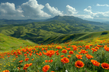 Field of Orange Flowers With Mountains in Background