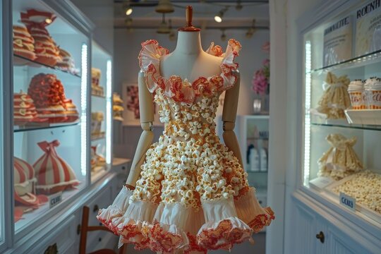 Mannequin wearing a unique popcorn dress in a boutique display