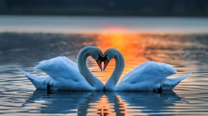 Rolgordijnen Two swans huddled together in a heart shape at dusk © vannet