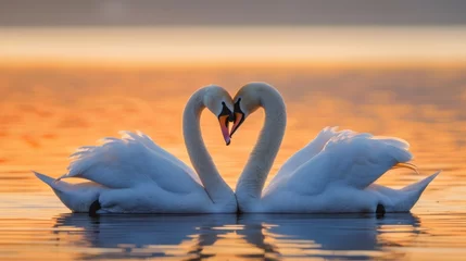 Gordijnen Two swans huddled together in a heart shape at dusk © vannet