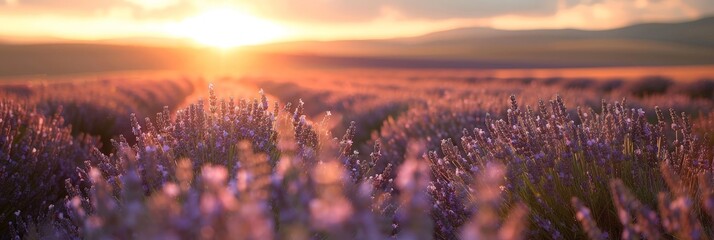 Lavender fields stretch as far as the eye can see, bathed in the warm glow of the setting sun, creating a serene and picturesque scene - obrazy, fototapety, plakaty