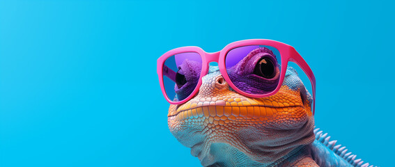 a lizard with sunglasses in blue space, in the style of vibrant color-blocking, 32k uhd, post-internet aesthetics, pink and amber, heatwave, vibrant colours