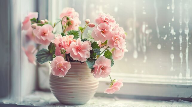 Vase of pink begonia flowers on the windowsill. Vintage style