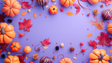 Vibrant 3D Style Pumpkins and Autumn Fruits on Rich Purple Background Generative AI