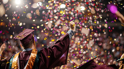 A group of graduates joyfully throwing confetti in the air to celebrate their academic achievement and mark the end of their educational journey - obrazy, fototapety, plakaty