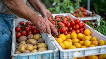 A man carefully selects ripe tomatoes from a bin in a lush garden
