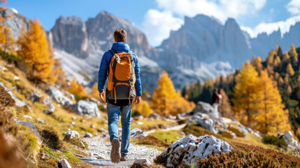 A man with a backpack walking along a trail that leads up a mountain in a scenic natural landscape - obrazy, fototapety, plakaty