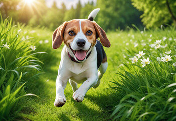 A dog beagle with a happy face runs through the colorful lush spring green grass
