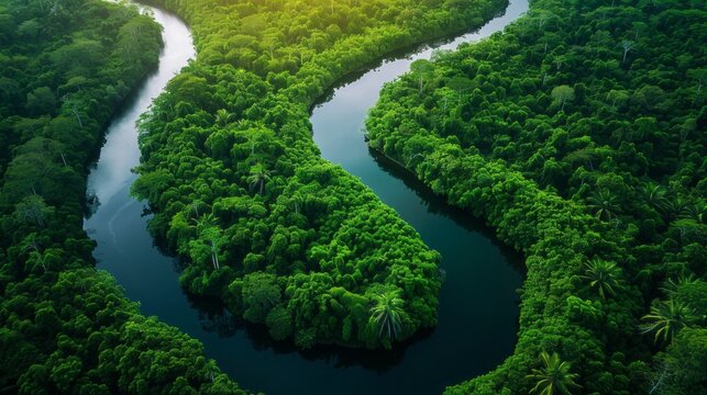 View from above of a huge winding river flowing through the thickets of the rainforest. Natural background