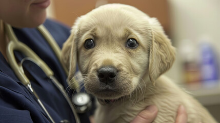 A vet is carefully holding a young puppy in a clinical setting, likely performing a routine check-up or medical procedure