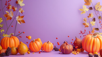 Vibrant 3D Style Pumpkins and Autumn Fruits on Rich Purple Background Generative AI