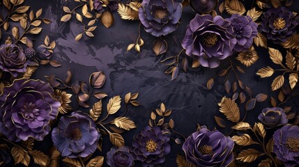 Wedding background with purple flowers and golden leaves. Luxury backdrop for photo album, ornate mural