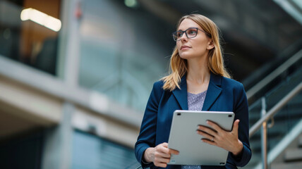Confident businesswoman with glasses holding a tablet stands in a modern corporate environment.