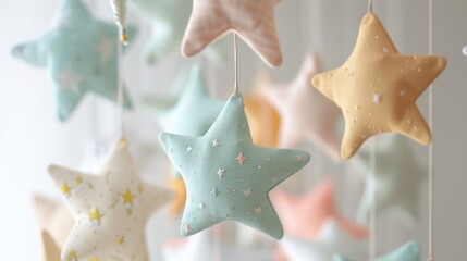 Whimsical Nursery Mobile. Delicate fabric stars and animal shapes in pastel colors