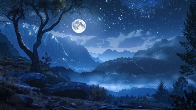 Whimsical intricate panorama with mountains, trees and moon. Digital fantasy painting. Night landscape