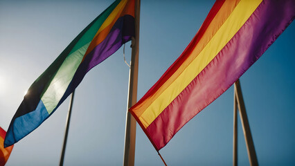 Rainbow Pride Flag Flies High in the Blue Sky