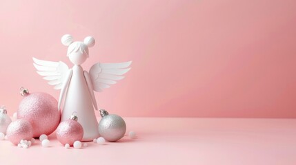 White angel with christmas ornaments over pink background. Minimal picture for winter holidays
