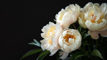 White peony flowers on a black background