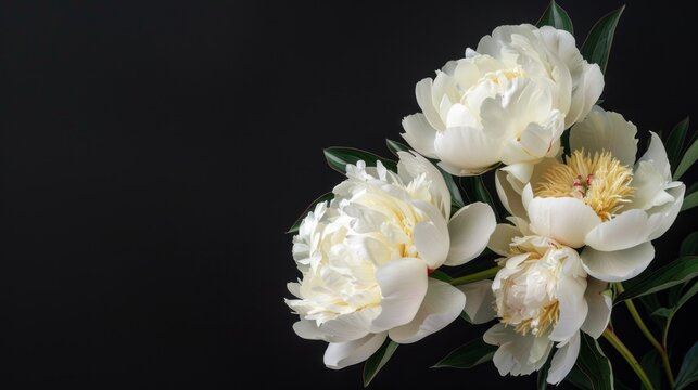 White peony flowers on a black background