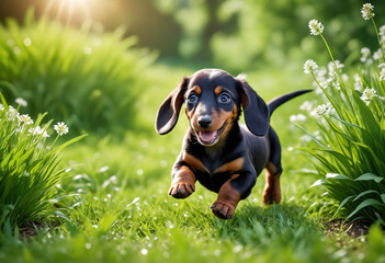 A dog daschund puppy with a happy face runs through the colorful lush spring green grass