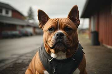 english american bulldog portrait sitting and guard street