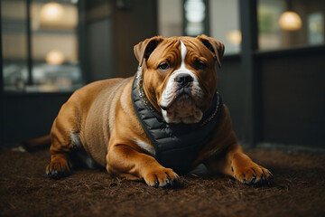 english american bulldog portrait laying down and guard home 