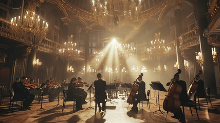 Symphony orchestra performing in a grand, opulent concert hall.